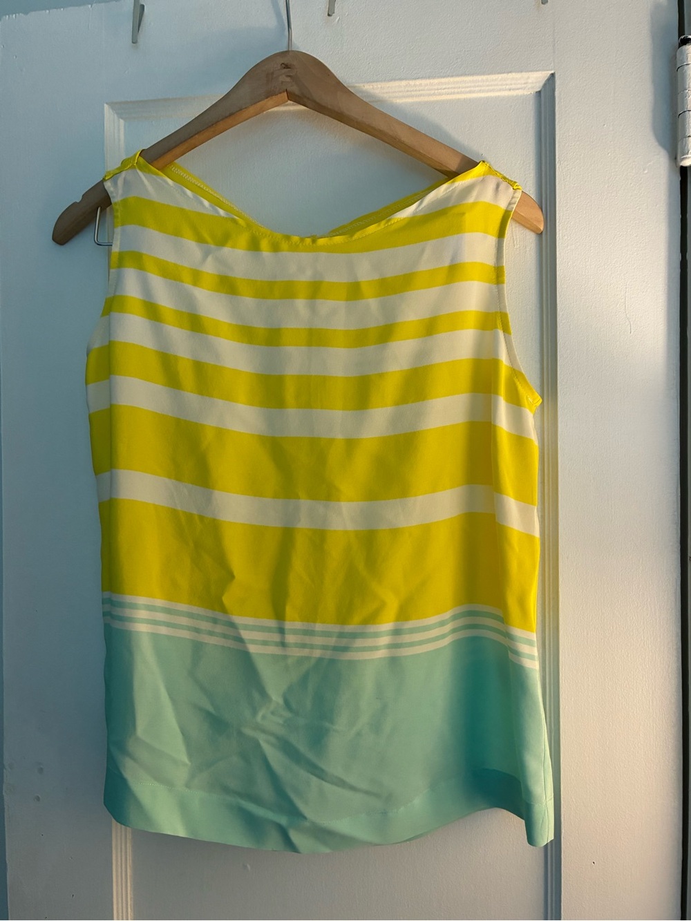 Equipment Yellow, White & Aqua Striped Silk Tank Top